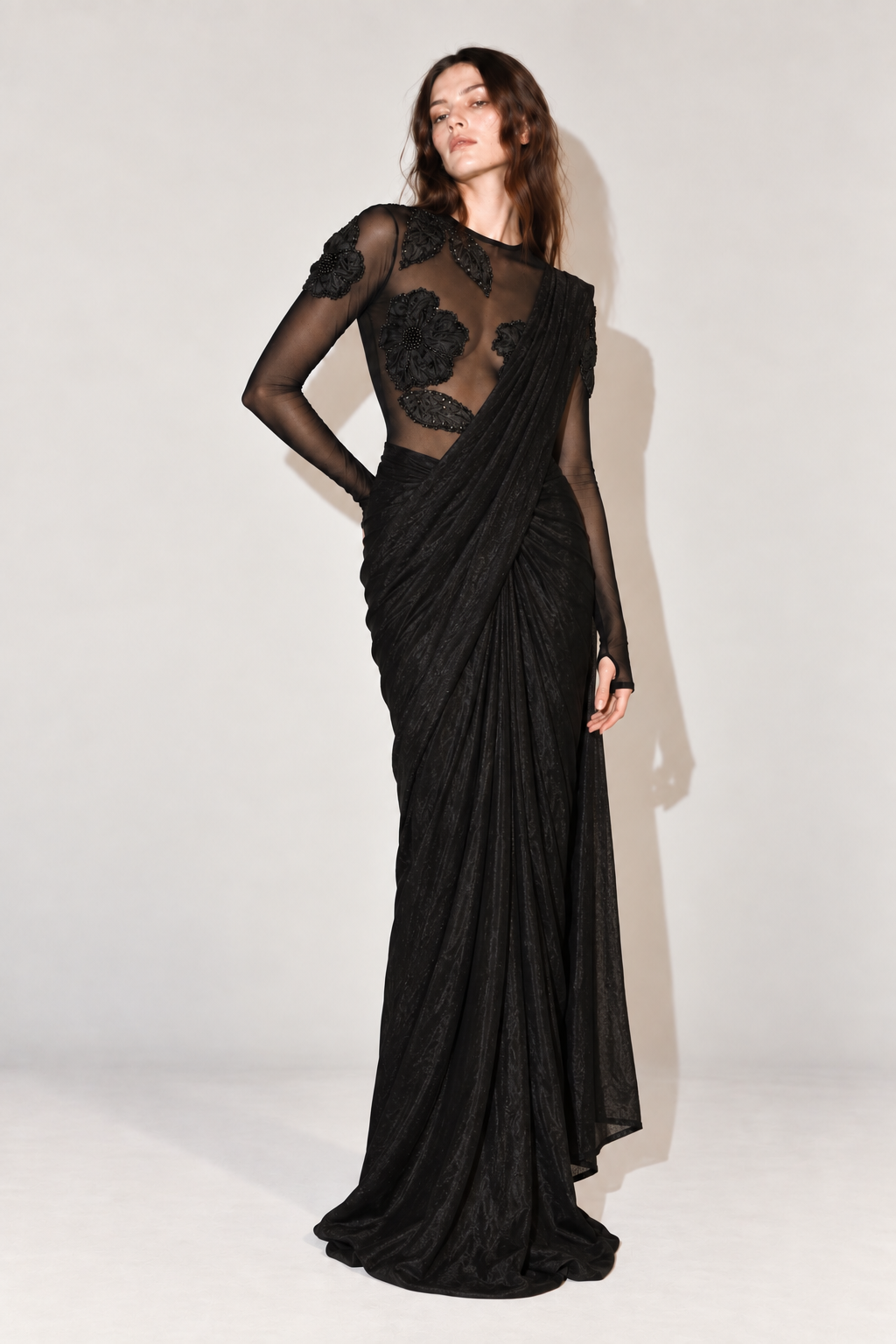 Black Silk Crush Pre-Draped Saree