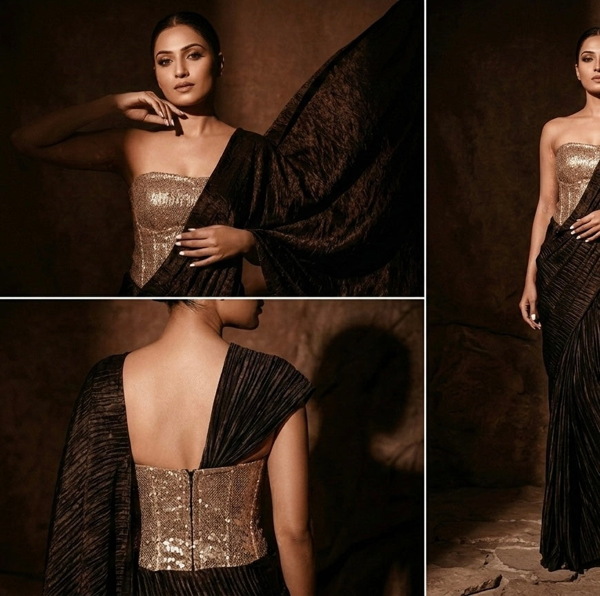 The Sequin Bodice w Silk Crush Pre-draped Saree