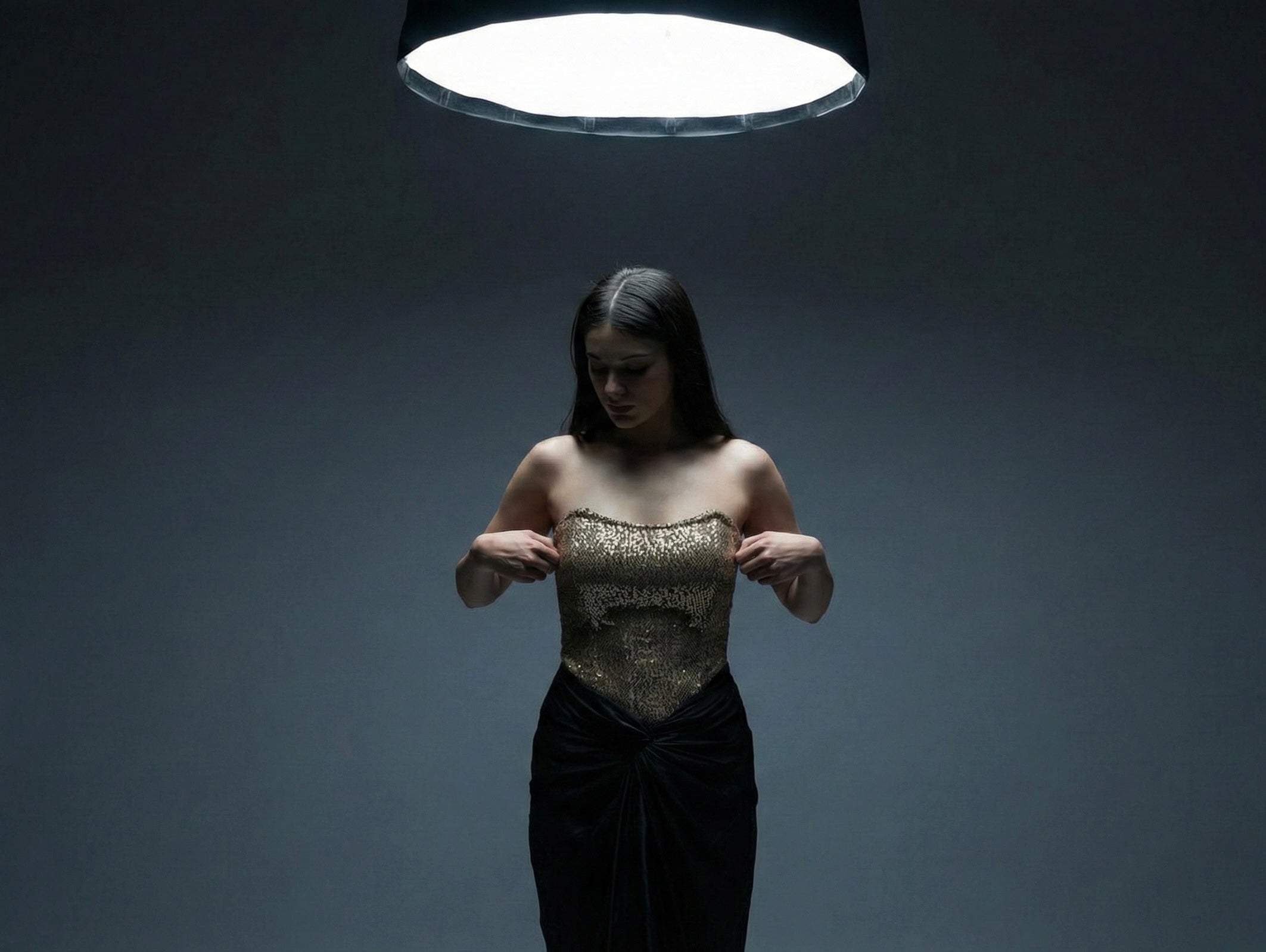 The Sequin Bodice w Satin Drape Skirt